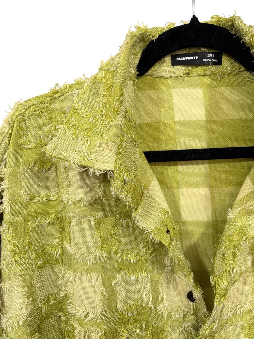 Manfinity Lime Green Frayed Checkered Textured Button Shirt L Y2K Streetwear